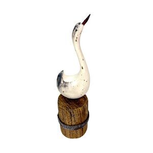 Decorative Wood Swan Figurine Distressed White Coastal Dock Piling 10.75 Inch